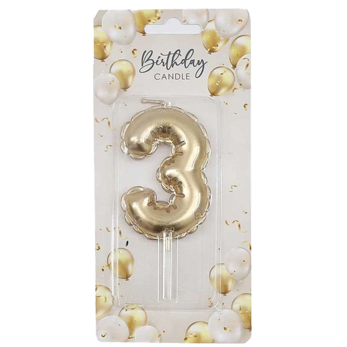 6Cm Gold Balloon Shaped Numeral 3 Candle
