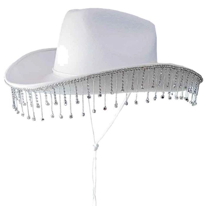 White Cowboy Hat With Diamante Chain