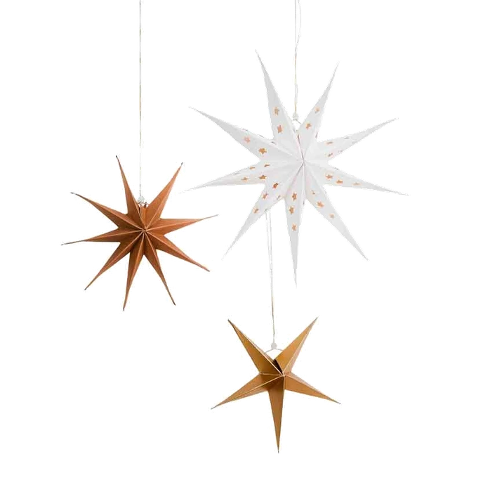 3PK WHITE# GOLD & KRAFT HANGING STAR
