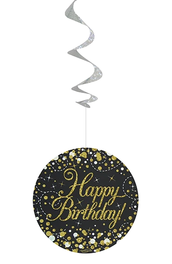 Happy Birthday Black & Gold Hanging Swirls