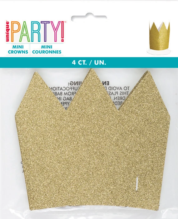 4Pk Mini Gold Glitter Paper Crowns