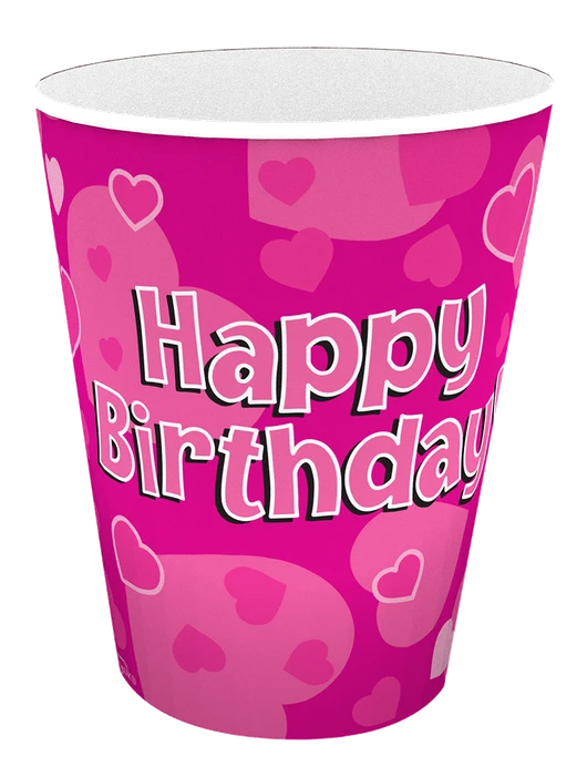 (8) 266Ml Happy Bday Pink Cups
