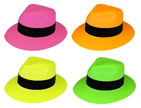 4ASST PLASTIC NEON GANGSTER HAT