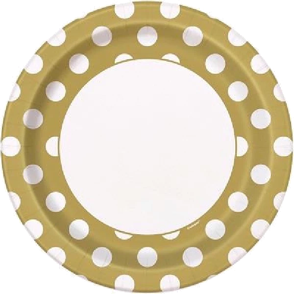 8PK 9IN GOLD DOTS PLATES