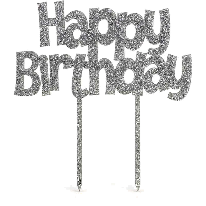 Happy Birthday Acrylic Silver Glitter Cake Topper