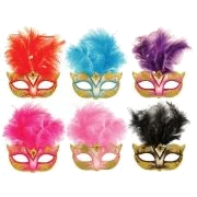 6Asst Mask Half Glitter W/Feathers