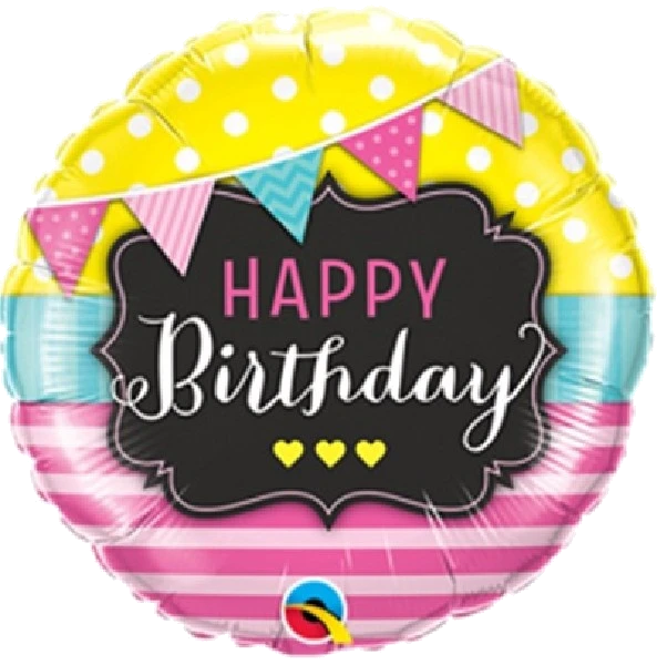 18IN B/DAY PENNANTS & PINK STRIPES FOIL