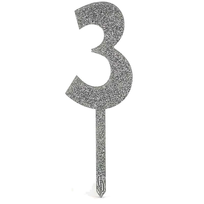No.3 Acrylic Silver Glitter Cake Topper