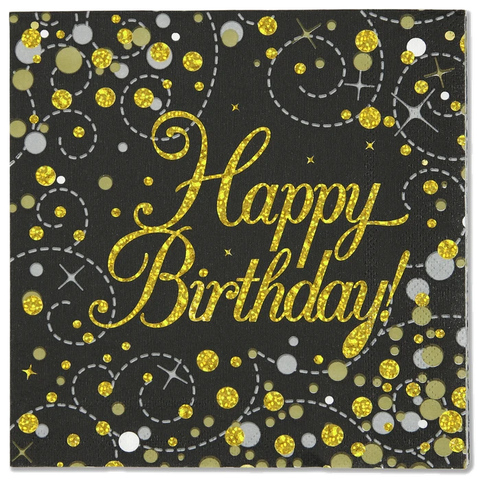 16Pk Happy Birthday Sparkling Fizz Black & Gold Napkins
