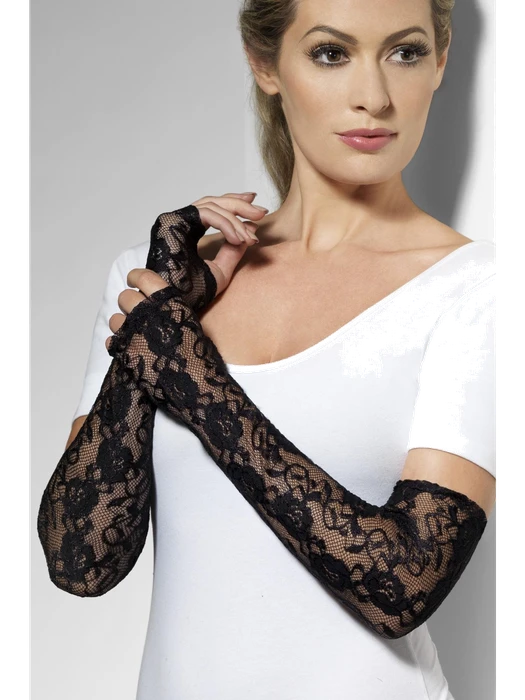 Gloves, Black, Full Length, Gothic Lace, Fingerless