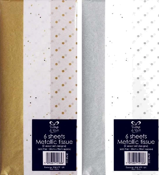 6PK 2ASST GOLD & SILVER TISSUE PAPER