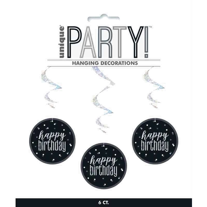(6) Glitz Black Happy Bday Swirls