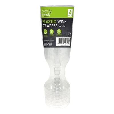 BRIGHT & HOMELY PLASTIC WINE GLASSES 160ML 6 PACK